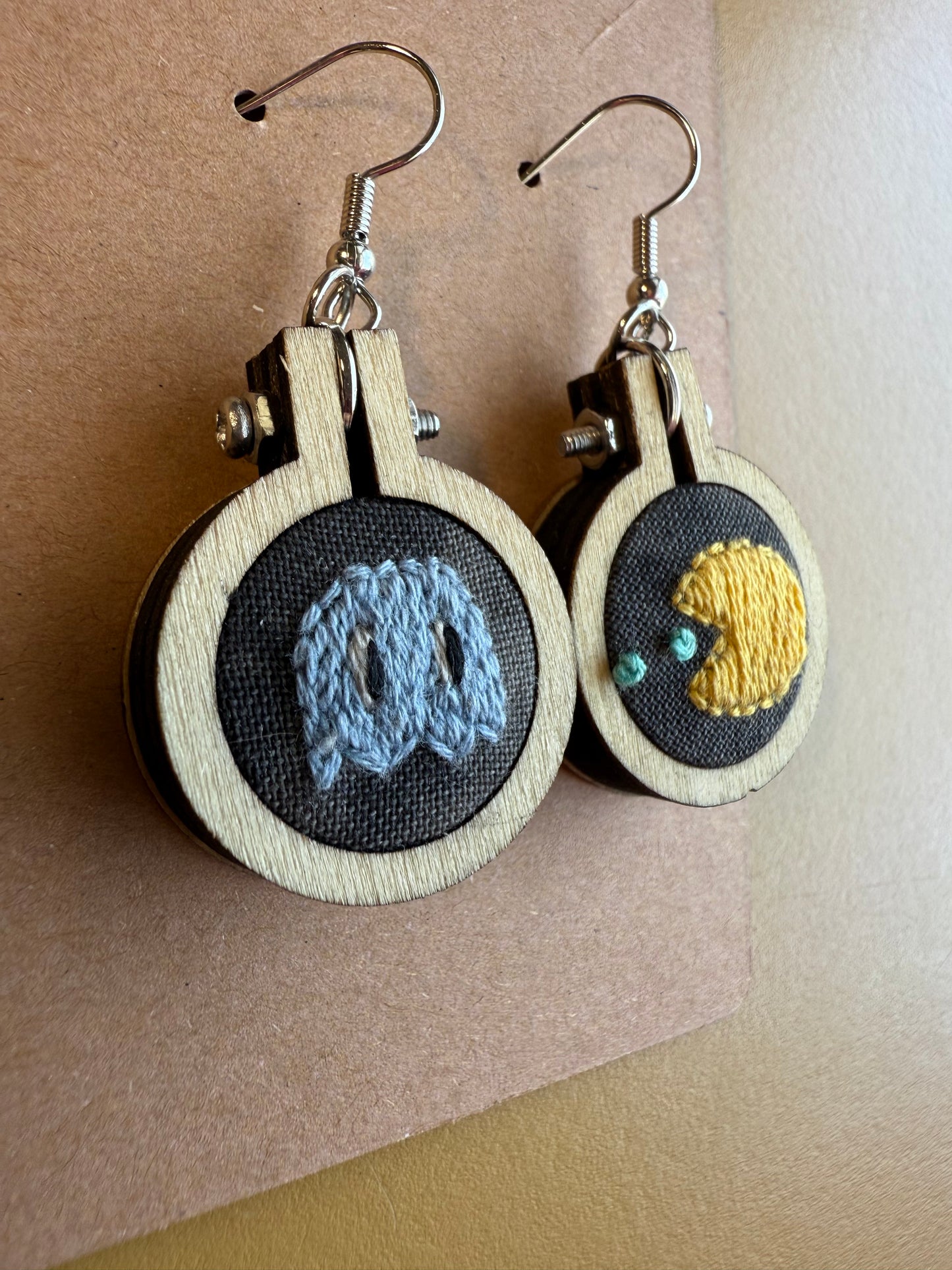 Pac-Man earrings - hand embroidered