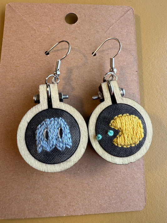 Pac-Man earrings - hand embroidered